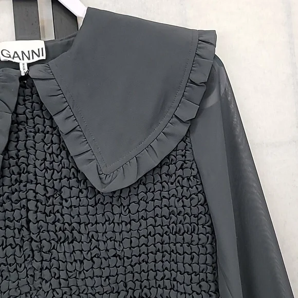 GANNI Ruffled-Collar Smocked Chiffon Dress Size 32 Or Size 0 - Picture 9 of 16